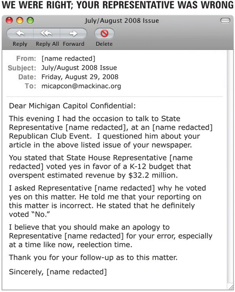 E-mail to Michigan Capitol Confidential - click to enlarge