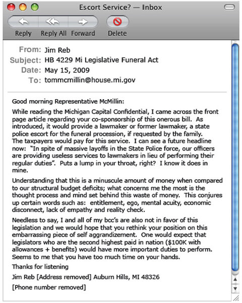 E-mail from Jim Reb to Representative Tom McMillin - click to enlarge