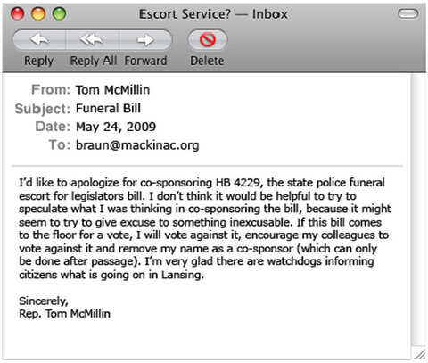 E-mail from Representative Tom McMillin to Jim Reb - click to enlarge